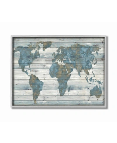 Stupell Industries Slate Blue And Tan Rustic Planked Look Weathered World Map Gray Framed Texturized Art, 11" L X 14" H In Multi