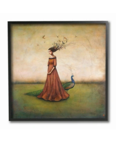 Stupell Industries Beauty And Birds In Her Hair Woman And Peacock Illustration Framed Texturized Art, 12" L X 12" H In Multi
