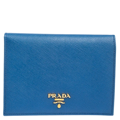 Pre-owned Prada Blue Saffiano Metal Leather Passport Holder