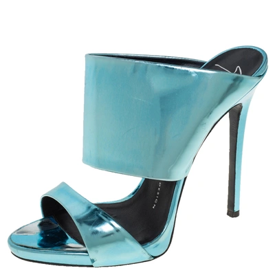 Pre-owned Giuseppe Zanotti Metallic Blue Leather Wide Strap Sandals Size 37.5