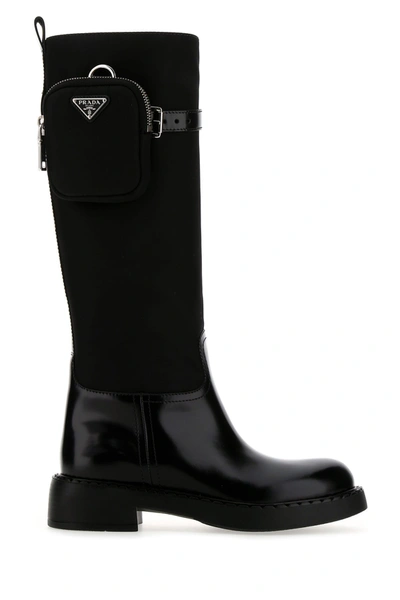 Prada Leather And Re-nylon Boots In Black