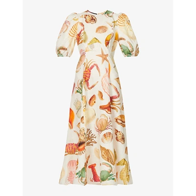 Alemais Atlantis Sealife-print Linen Midi Dress In Multi