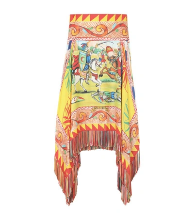 Dolce & Gabbana Short Carretto-print Twill Skirt With Fringing In Multicolor
