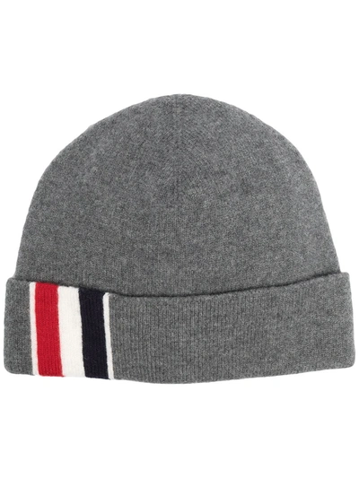 Thom Browne Stripe Detail Merino Beanie In Grey