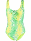 GANNI ABSTRACT-PRINT LACE-UP SWIMSUIT ONE-PIECE