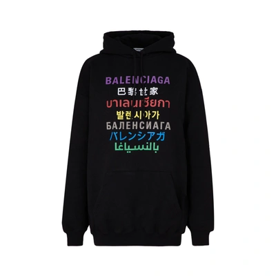 Balenciaga Women's Multilingual Logo Printed Cotton-blend Hooded Sweatshirt In Black
