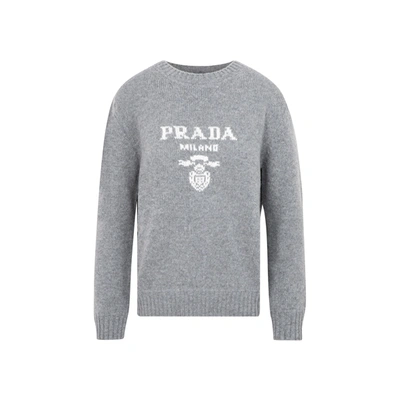Prada Cashmere And Wool Logo Sweater In Grey