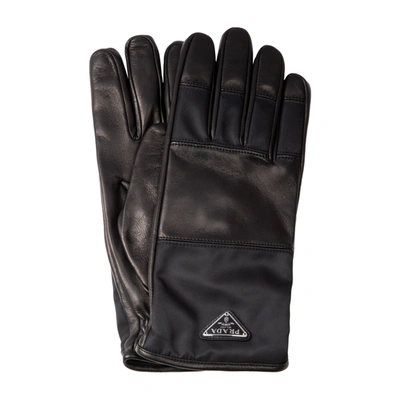 Prada Re-nylon And Leather Gloves In Black