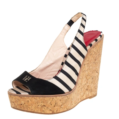 Pre-owned Carolina Herrera Black/white Fabric And Suede Cork Wedge Platform Peep Toe Slingback Sandals Size 38