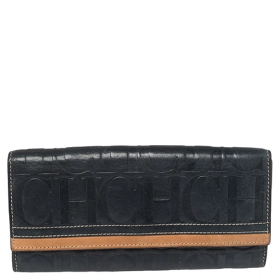 Pre-owned Carolina Herrera Blue/tan Embossed Leather Flap Wallet