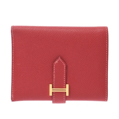 Pre-owned Hermes Red Leather Bearn Compact Wallet
