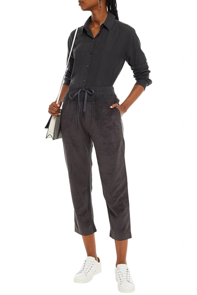 James Perse Mixed Media Cropped Paneled Faux Suede And Jersey Track Trousers In Grey