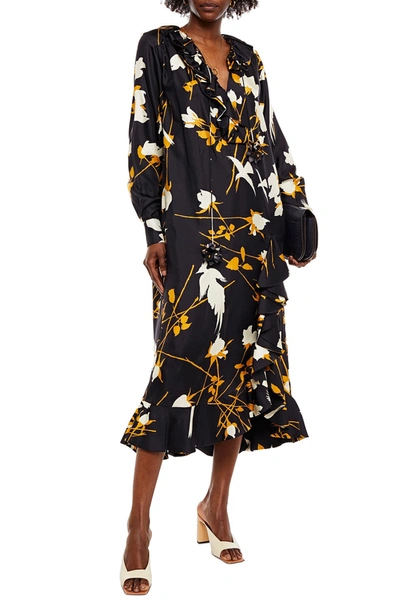 Victoria Beckham Ruffled Floral-print Twill Midi Dress In Black