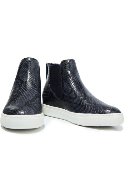 Vince Newlyn Snake-effect Leather High-top Slip-on Trainers In Midnight Blue