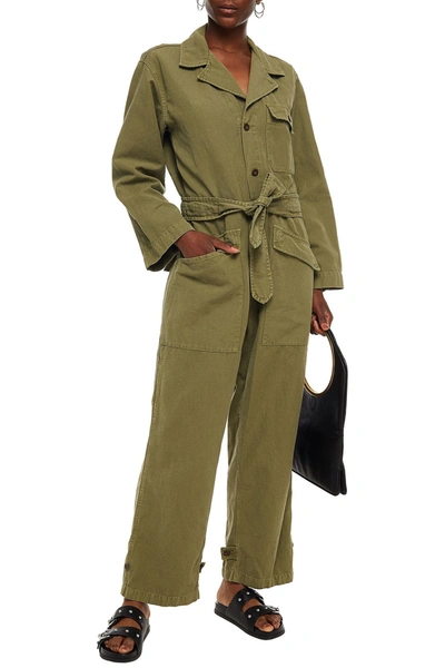 Nili Lotan Aria Belted Cotton And Linen-blend Twill Jumpsuit In Green