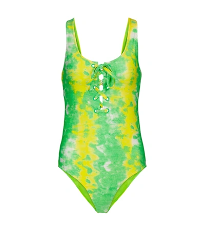 Ganni + Net Sustain Kelly Lace-up Printed Recycled Swimsuit In Green