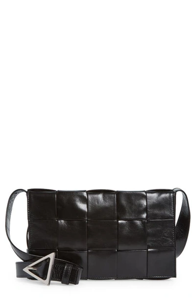 Bottega Veneta Cassette Intrecciato Leather Crossbody Bag In Black
