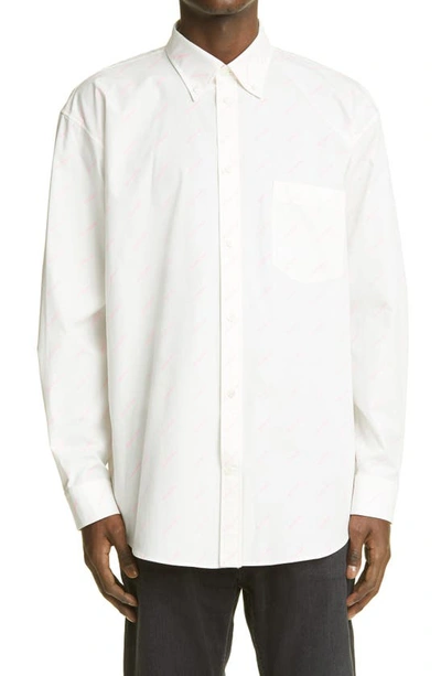 Balenciaga Logo-print Cotton-poplin Shirt In White/ Pink Fluo