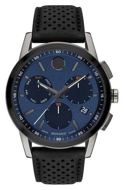 Movado Museum Sport Chronograph Leather Strap Watch, 43 Mm In Blue