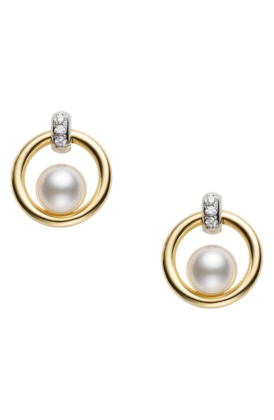 Mikimoto Women's Circle Two-tone 18k Gold, Diamond & Floating 5.5mm Cultured Akoya Pearl Drop-hoop Earrings In Yellow White Gold