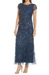 Pisarro Nights Beaded Mesh Column Gown In Deep Petrol