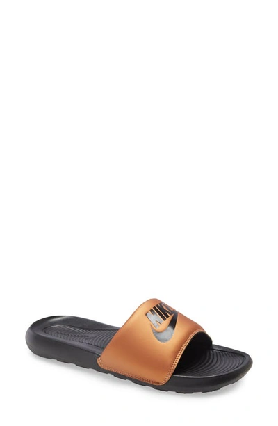 Nike Victori Slide Sandal In Black/ Metallic Copper