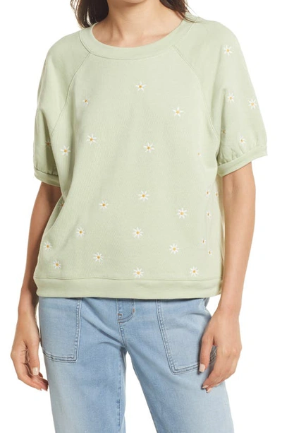 Madewell Daisy Embroidered Short Sleeve Sweatshirt In Faded Seagrass