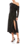 Mac Duggal Sequin One-shoulder Long Sleeve Midi Dress In Black