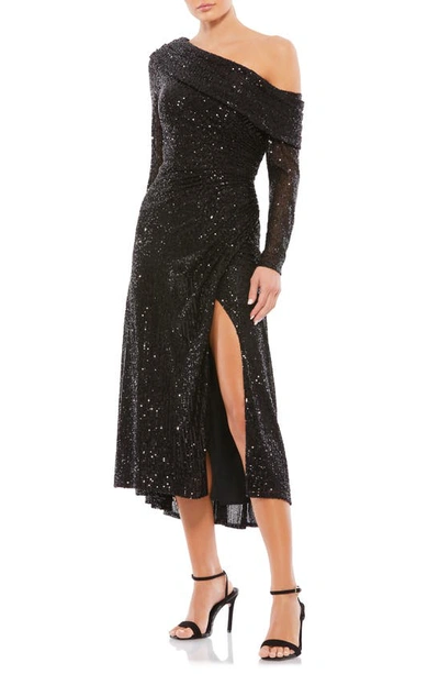 Mac Duggal Sequin One-shoulder Long Sleeve Midi Dress In Black