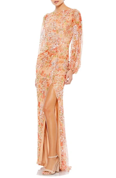 Mac Duggal Sequin Floral-print Long-sleeve Column Gown In Apricot
