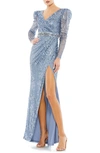 Mac Duggal Sequin Military Long Sleeve Slit Gown In Blue