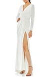 Mac Duggal Long Sleeve Wrap Jersey Gown In White