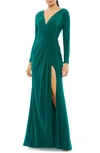 Mac Duggal V-neck Long-sleeve Satin Thigh-slit Gown In Emerald
