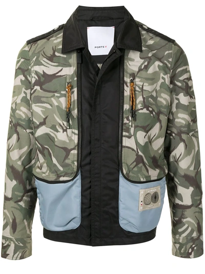 Ports V Panelled Camouflage Print Bomber Jacket In Green