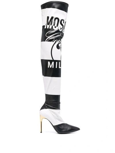 Moschino Double Question Mark Stripe Print Boots In Black