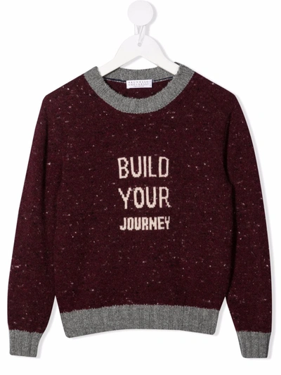 Brunello Cucinelli Kids' Slogan-print Knitted Jumper In Red