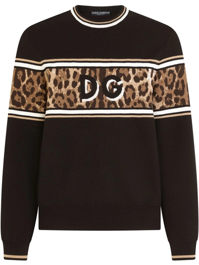 Dolce & Gabbana Logo-jacquard Striped Virgin Wool-blend Sweater In Black,brown