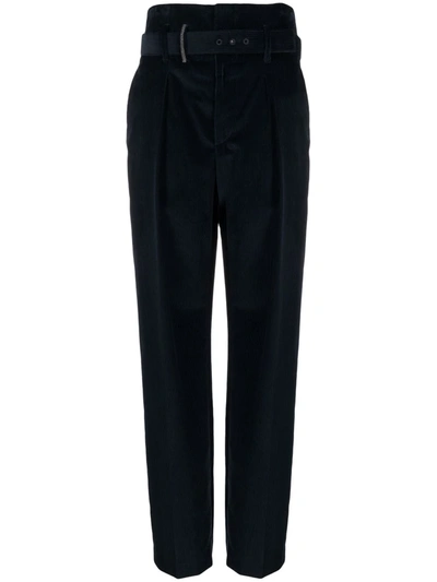 Brunello Cucinelli Bead-embellished High-waisted Trousers In Blue
