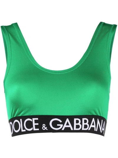 Dolce & Gabbana Logo Cotton Jersey Cropped Top In Green