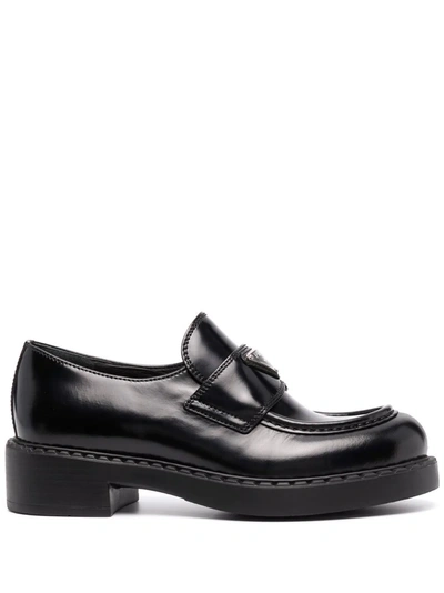 Prada Enamel Triangle Logo Plaque Loafers In Black