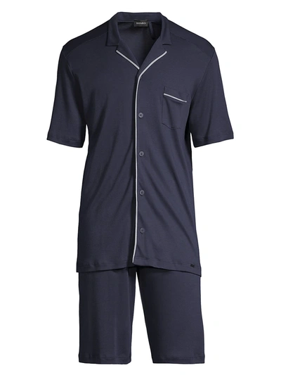 Hanro 2-piece Piped Trim Pajama Set In Black Iris
