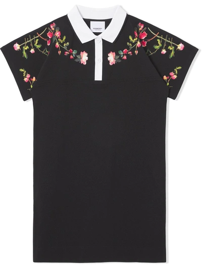 Burberry Kids' Girl's Floral Logo-print Polo Shirtdress In Black