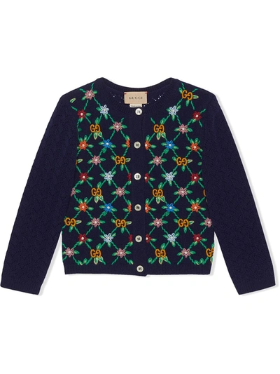 Gucci Kids' Gg Embroidered Wool Cardigan In Blue