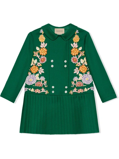 Gucci Kids' Floral-embroidered Pleated Dress In Green