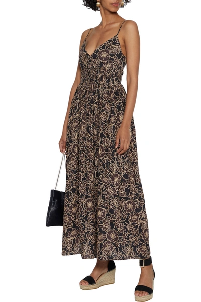 Nicholas Susan Pintucked Floral-print Cotton-poplin Maxi Dress In Dark Brown