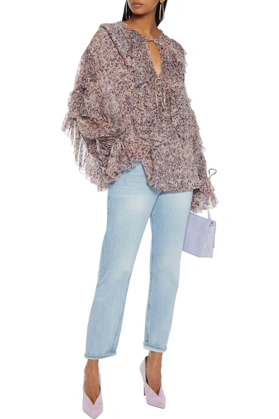 Redemption Ruffled Floral-print Silk-crepon Blouse In Lilac