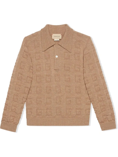 Gucci Kids' Square G Knit Wool Polo Jumper In Neutrals