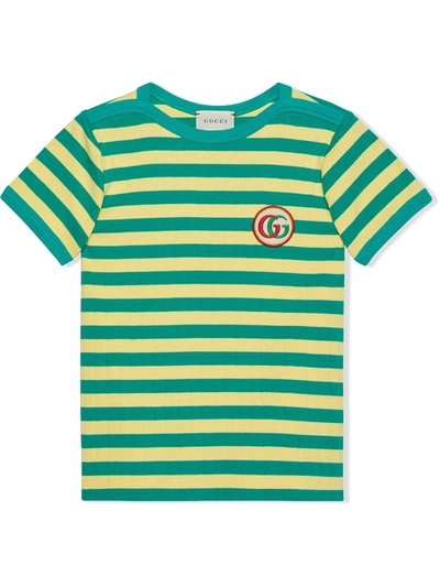 Gucci Kids' Gg-patch Striped Cotton T-shirt In Green