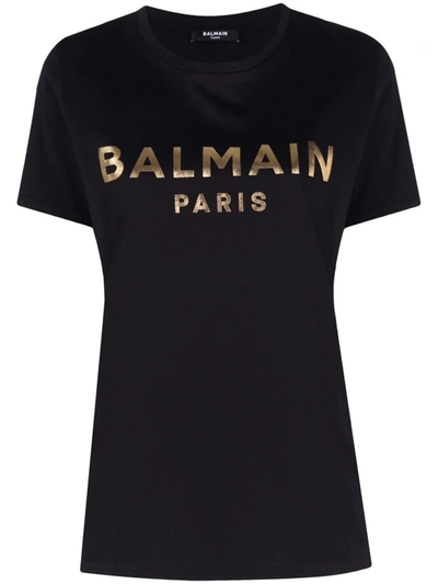 Balmain Cotton T-shirt With Gold Colored Logo Print In Black Gold