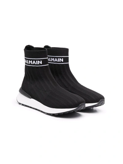 Balmain Teen Logo Ribbed Sock Sneakers In Black